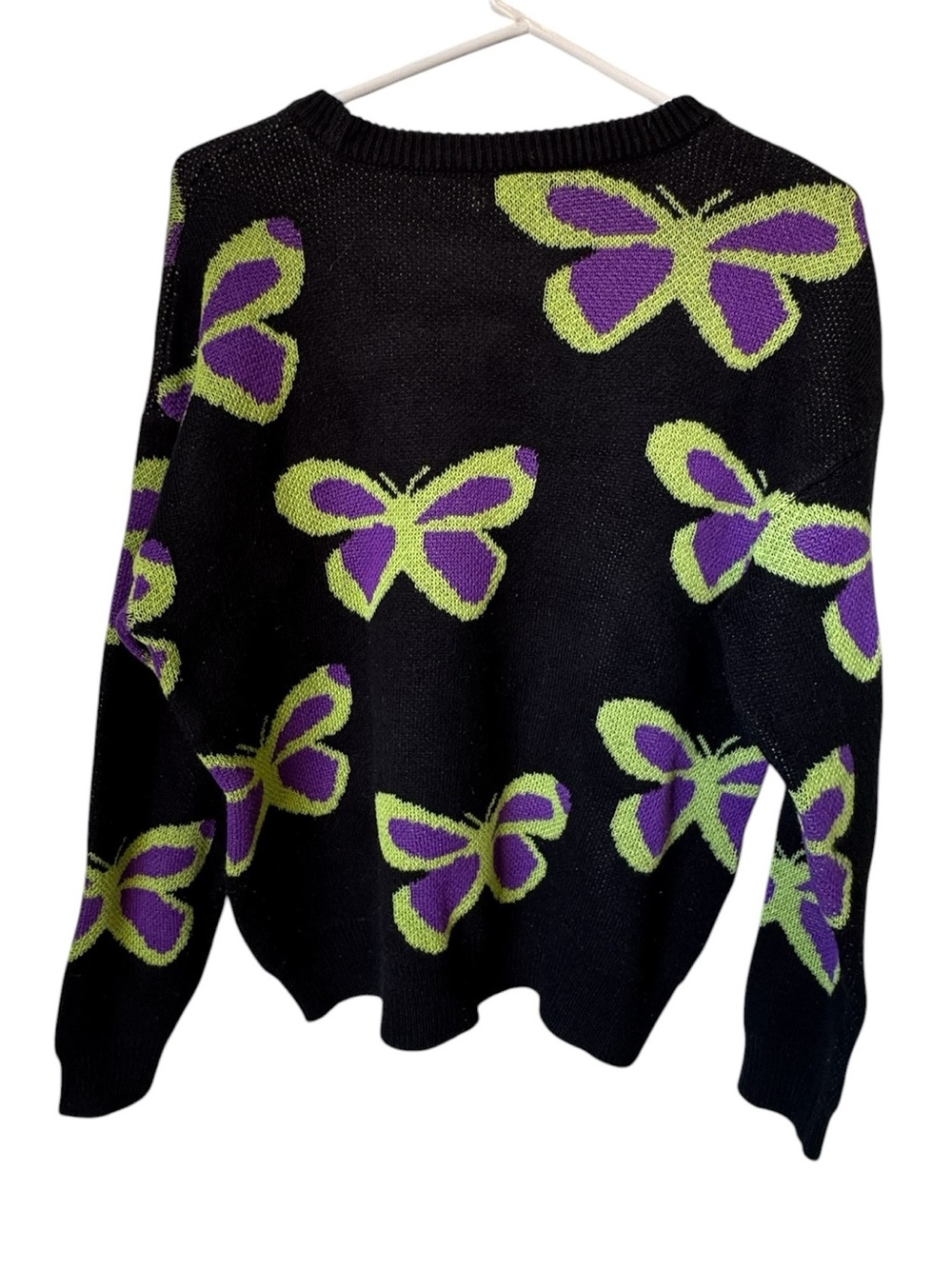 Black Butterfly Knit Sweater Purple & Lime Accents Aqua Blues Women’s S